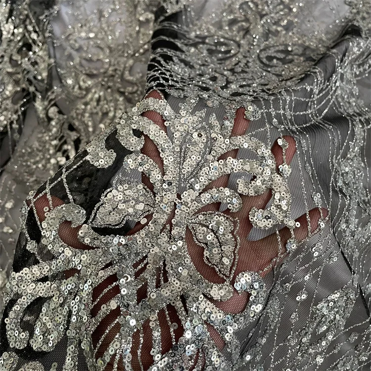 Hot sales silver sequin lace glitter mesh tulle fabric