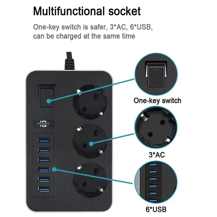 EU Plug 3000W High Power Strip 2m Extension Cable 3 AC Outlets with 6 USB Output Port (CE Certified)