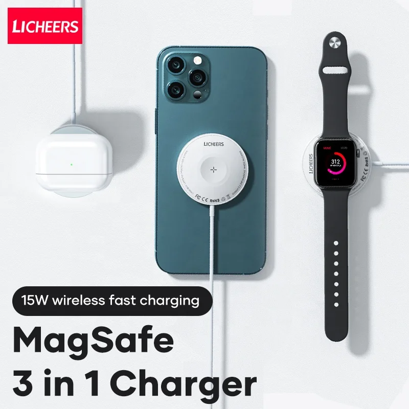 
Licheers 2021 Wireless Charger 3 IN 1 Type-C Magnetic 15W Fast Charging QC3.0 For Iphone Airpod Apple Watch With Magsafe Charger 
