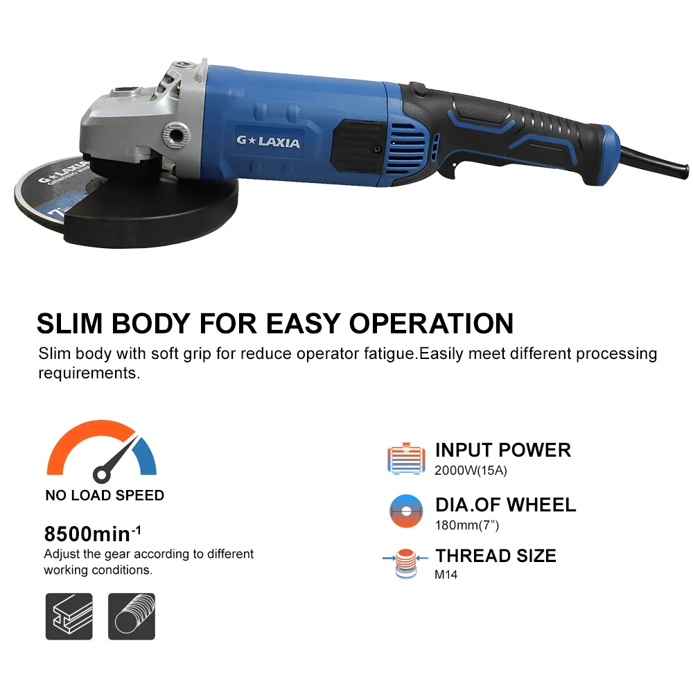 Professional Angle Grinder Electric 2000W Angle Grinder Mini Max Blue Motor Switch Box Power Packing