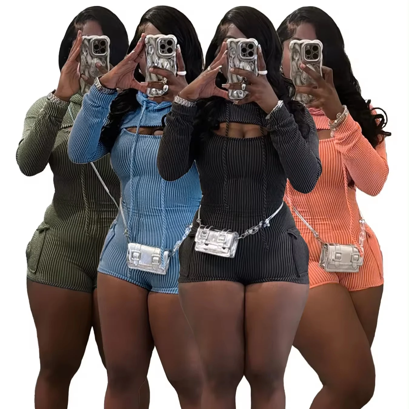 Custom Logo Women Clothing Cropped Hooded Rompers 2 Piece Sets one piece romper Set Ribbed short cargo jumpsuit  With Pocket