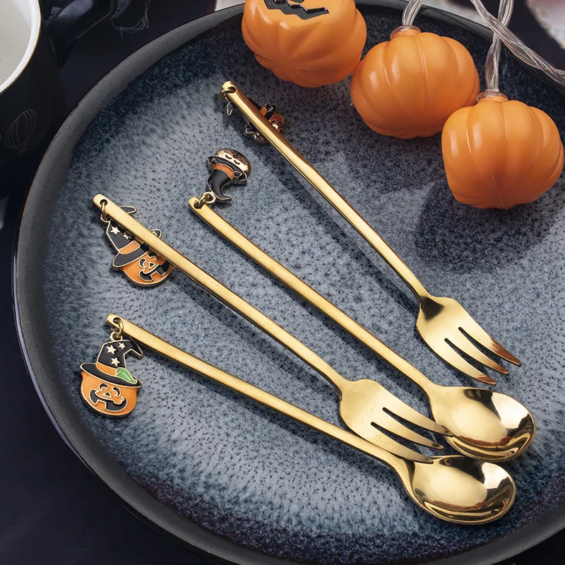 Creative Wholesale Stainless Steel Household Spoon Fruit Fork Golden Tableware Funny Pumpkin Halloween