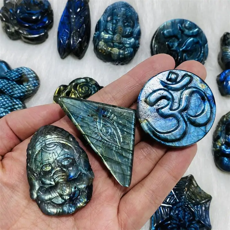 Hand-carved Full Flash Labradorite Crystal Carvings Kitty Snake Bug Evil Eyes Animal Statue Figurine