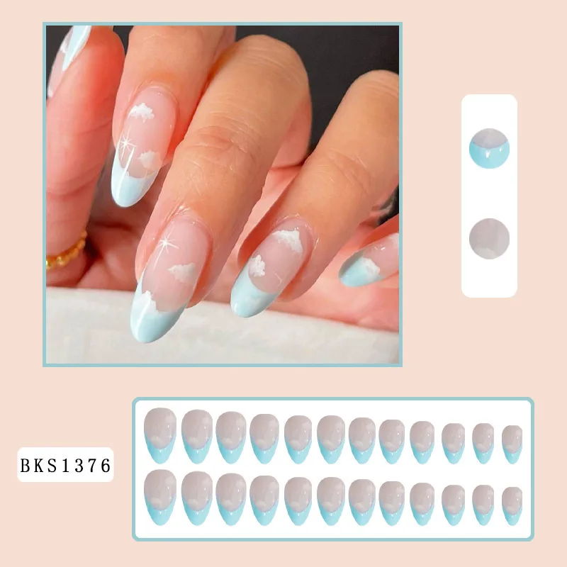New designer almond shape matte fake artificial nails blue line pattern press on nails