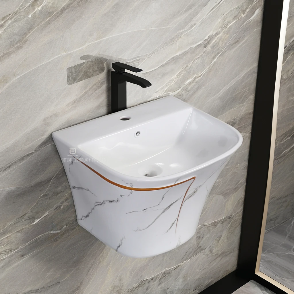 Modern sanitary ware one piece wall hung basin ceramic marble wall mounted bathroom sink half pedestal basin
