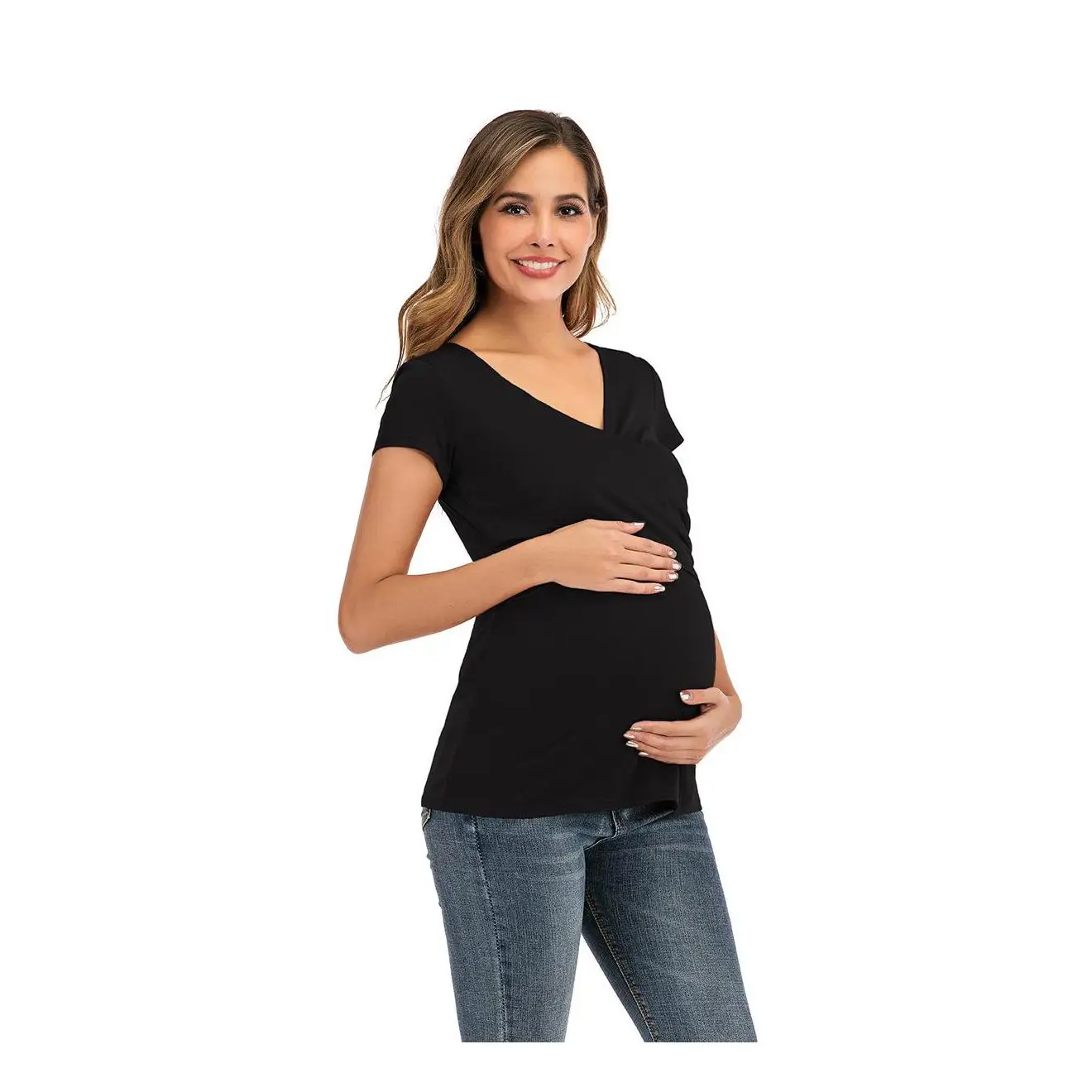 Одежда для беременных женщин Новинка на Amazon с коротким рукавом и глубоким V-образным вырезом однотонная одежда для кормления грудью и кормления грудью