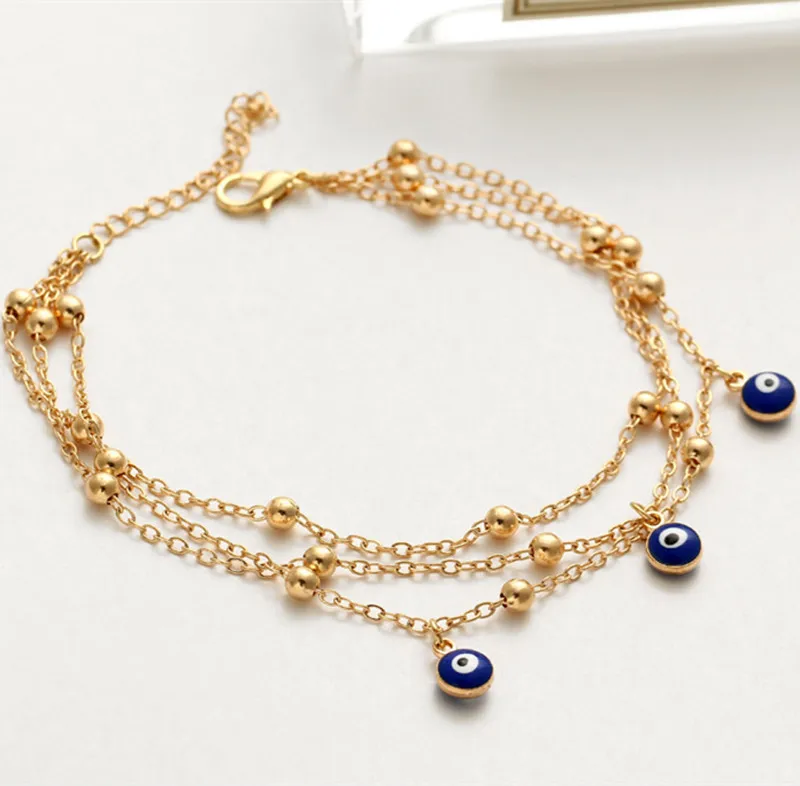 Fashion 2021 Wholesale Three Layer Chain Blue Eye Bead Anklet Turkey Evil Eyes Anklet for Women