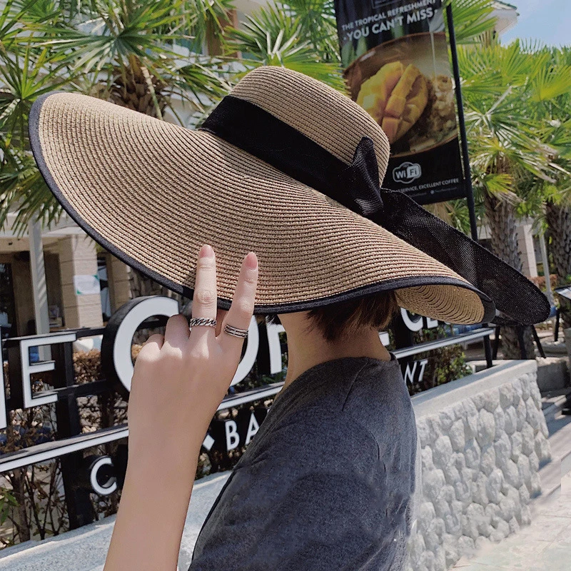 Visor Large Brim Straw Hat Female Summer Sun Protection Sunshade Hat Travel Holiday Beach Women Big Size Floppy Hat