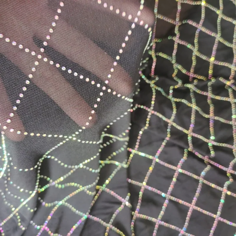 Soft Elastic Mesh Fabric  Spliced Black AB Color Diamond Rhinestone Fabric Rhomboid Network Fishnet Cloth