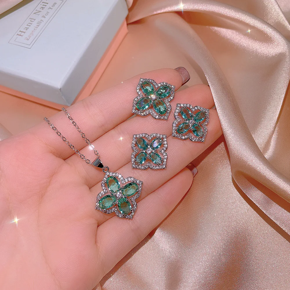 Holder earring necklace New Inlaid Cultivated Emerald Zircon Diamond Ring Earring Sterling Silver 925 Beautiful Necklace