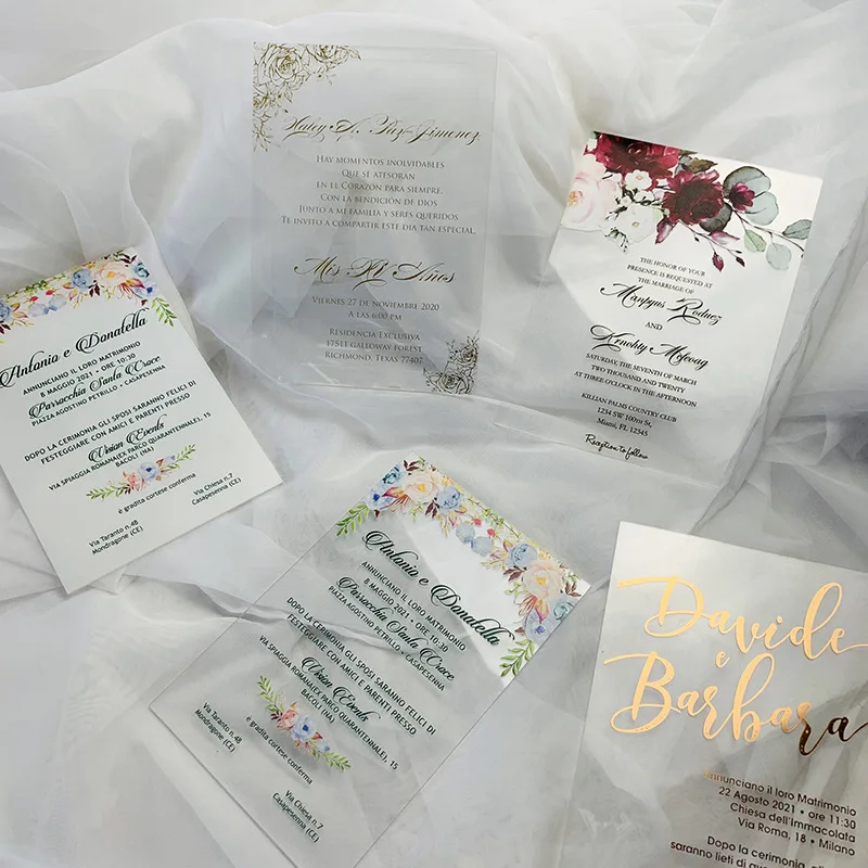 Nicro Custom Acrylic UV Printing Wedding Invitations Plexiglass Gold Stamping Envelope Wedding Invitation Cards