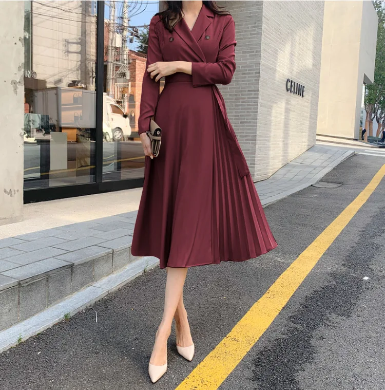 Fashion Clothes Women Formal Long Sleeve Pleated Dress Solid Color Office Lady Women Dress Elegant Midi Dress