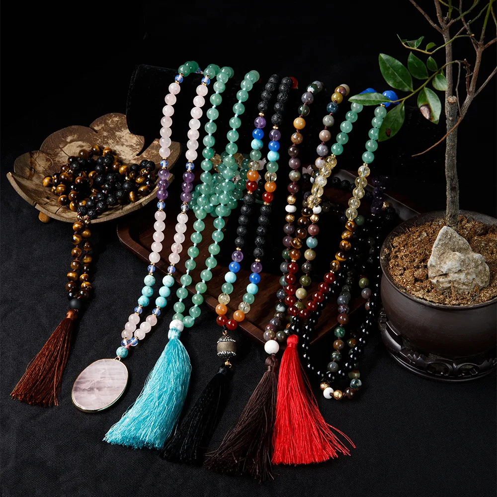 Wholesale 108 Natural Tiger Eye Turquoise Agate Jade Beads Religious Buddhism Rosary Tassel Necklace