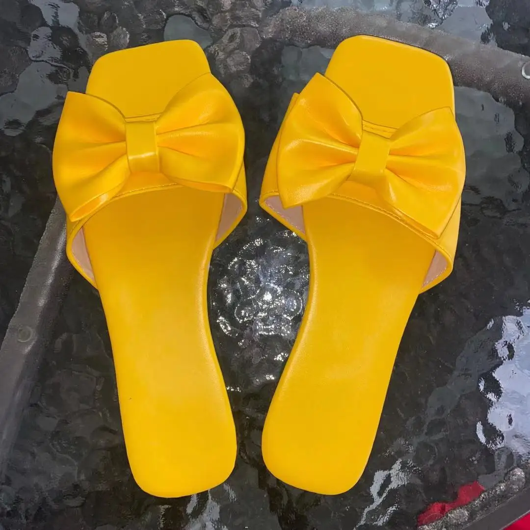 2020 trending sandals for women Flip Flop Bow Block Heel Slip-On Plain sandals indoor summer home slipper