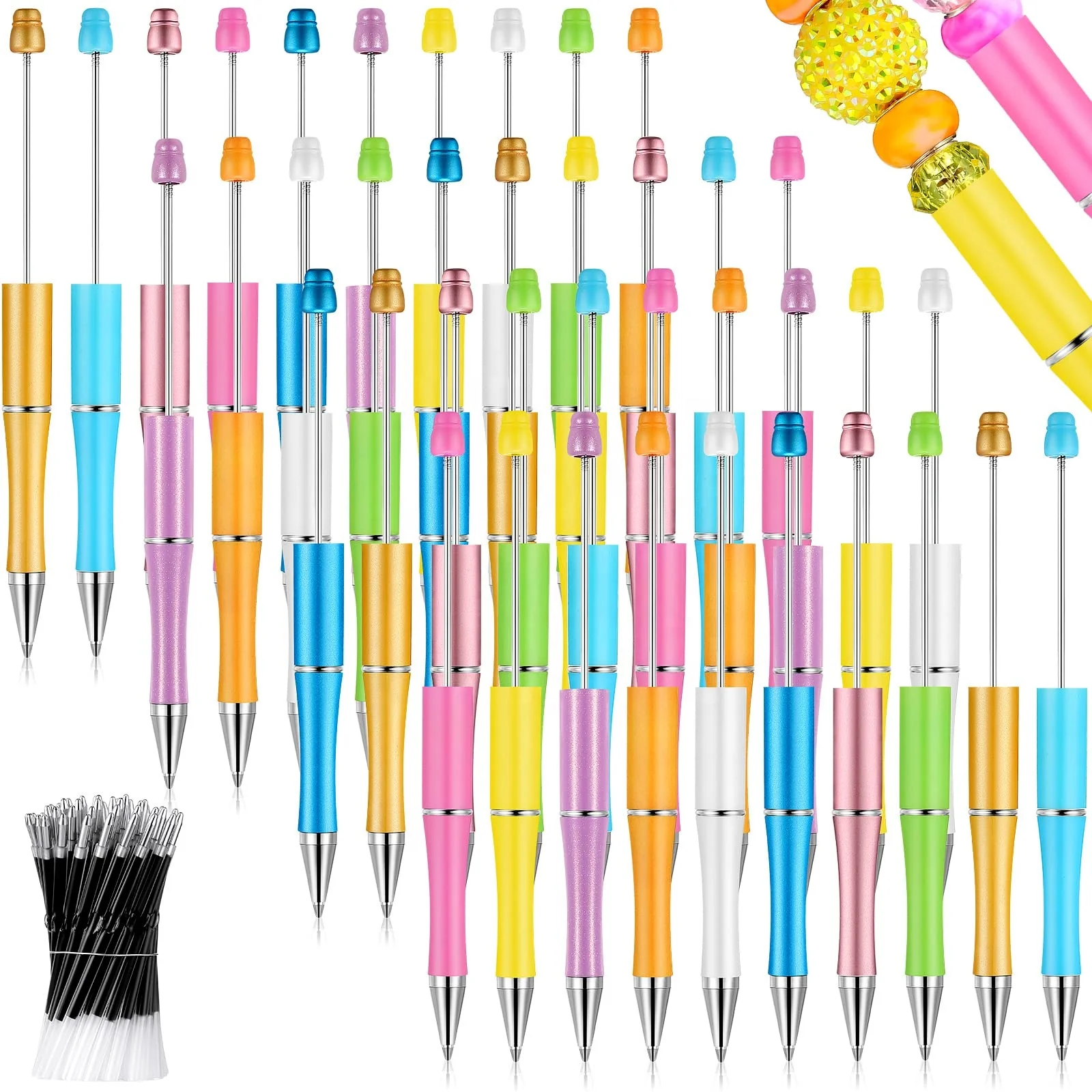 Plastic Beadable Bulk Bead Ballpoint Pen Shaft Black Ink Beaded Pens for DIY Making Gift Kids Students Office School Supplies