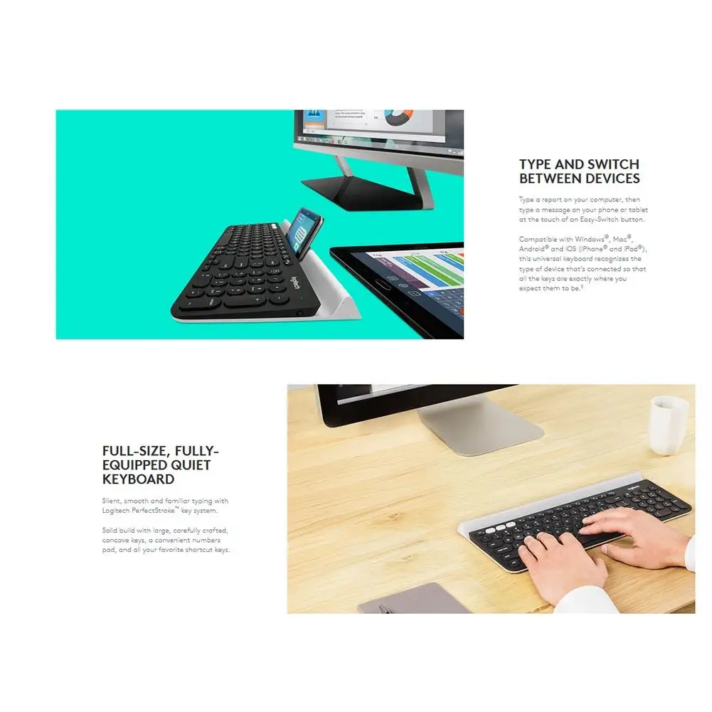 
Logitech K780 Multi-Device Wireless Keyboard Unifying USB Dual Mode Full Size Mute Keyboard 