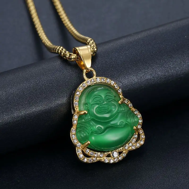 Crystal Laughing Religious Maitreya Carved Jade Buddha Pendant 18k Gold Plated Stainless Steel Buddha Necklace