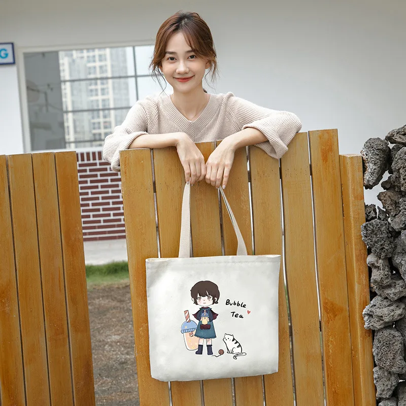 Color Printing Double-sided Canvas Tote Bags Reusable Cotton Linen Shopping Grocery Storage Handbags