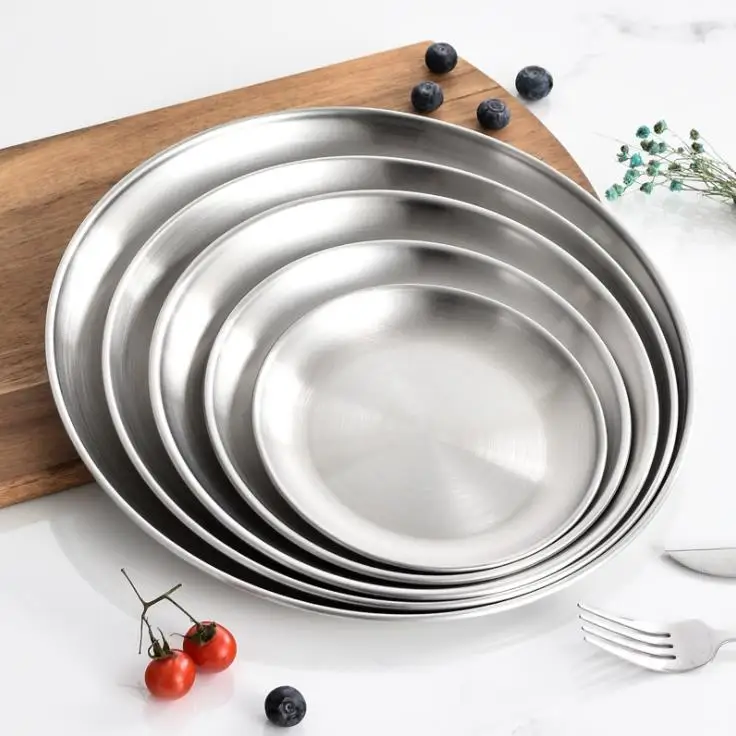 Restaurant Tableware Stainless Steel Dish Plate BBQ Round Tray Serving Plate