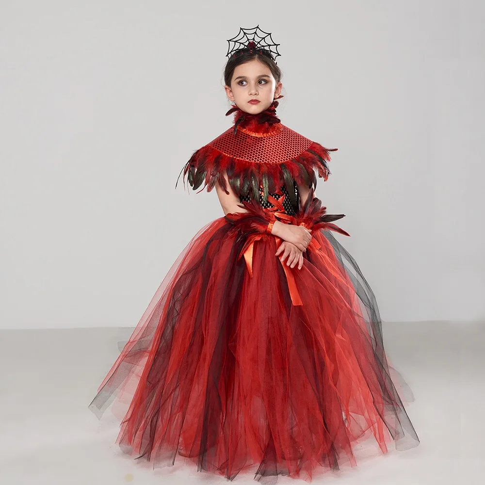 Baige Girls Queen Halloween Carnival Party Costume New Update Red Tutu Dress with Demon Vampire Theme for Holiday Celebrations