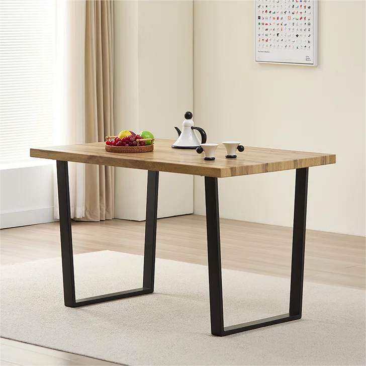 Home Restaurant Furniture Durable Modern MDF Table Top Black Painting Metal Legs Oak Veneer Dining Table