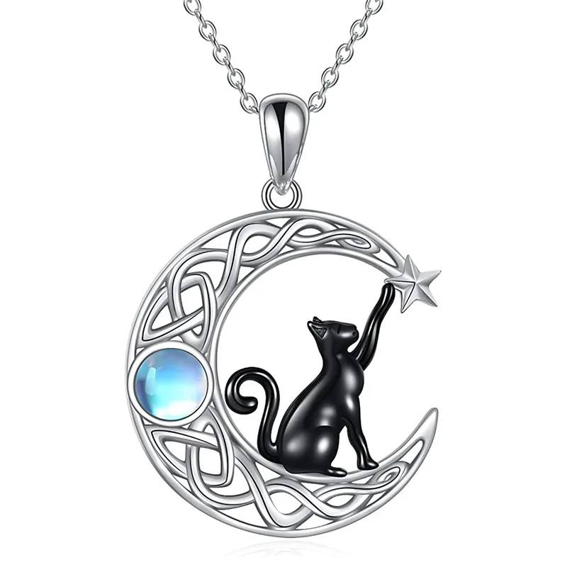 New Hot  Simple Celtic Animal Moon Star Silver Fox Black Cat Pendant Necklace For Women Girls