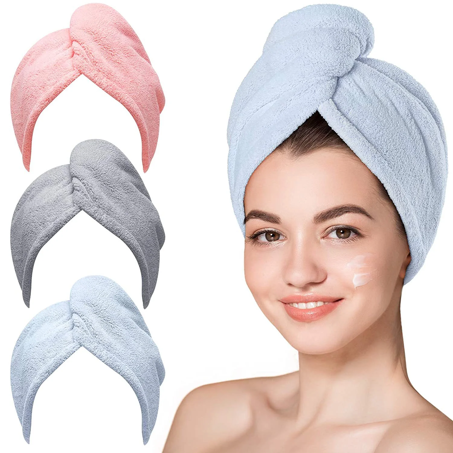 Coral Fleece Hair Towel with Button Super Absorbent Fast Drying Hair Cap Luxury Wraps Magic Fast Dry Towel Hair-Drying Cap