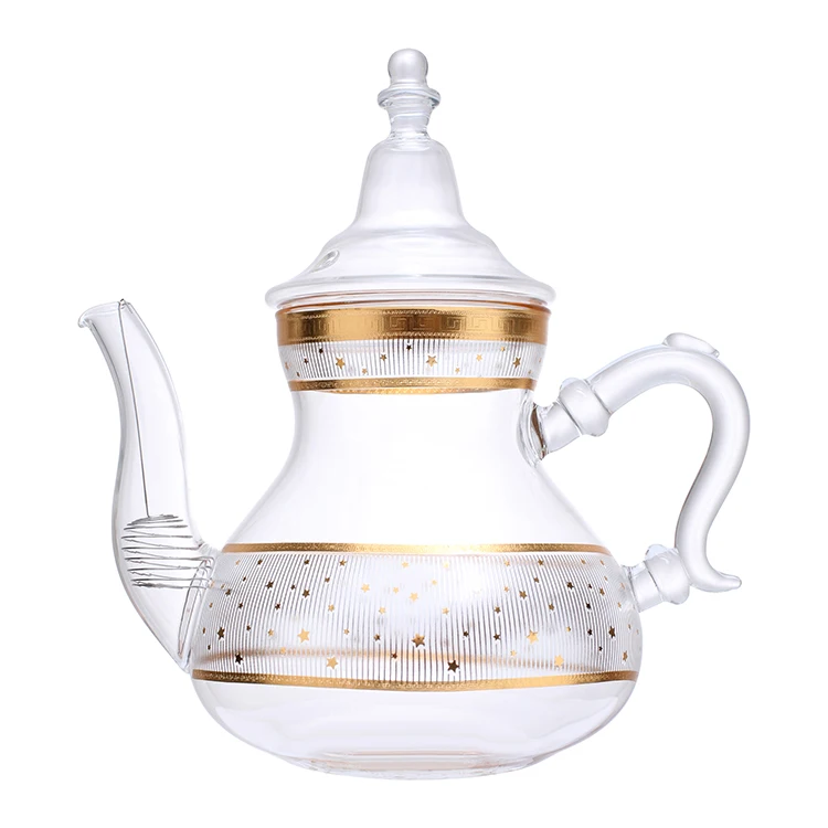 Gourd-Shaped Kettle With Handmade Decal Glass Pitcher With Lid Moroccan Style teapot