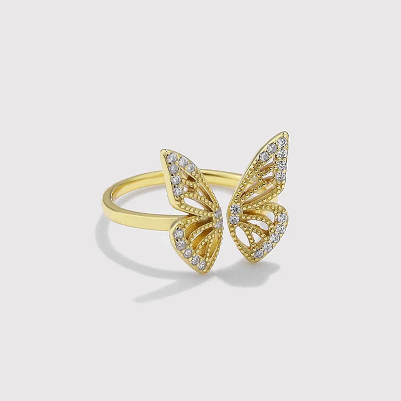 Factory Price Gold Plated Cubic Zirconia Hollow Butterfly Rings 925 Sterling Silver Women Adjustable Ring