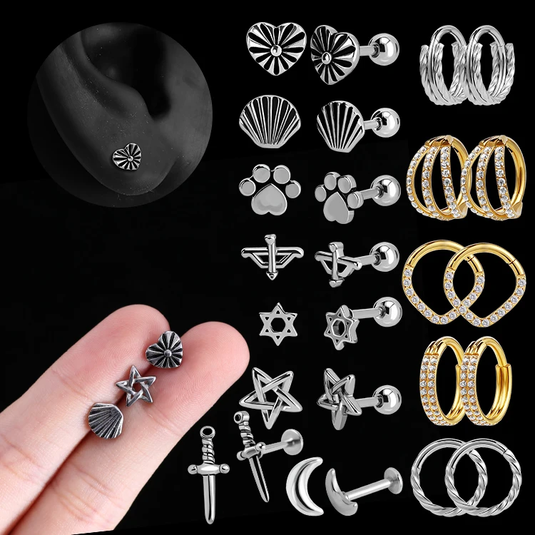 Factory Wholesale Stainless Steel Small Earrings Star Moon Shell Heart Gold Plated Zircon Hoop Earrings