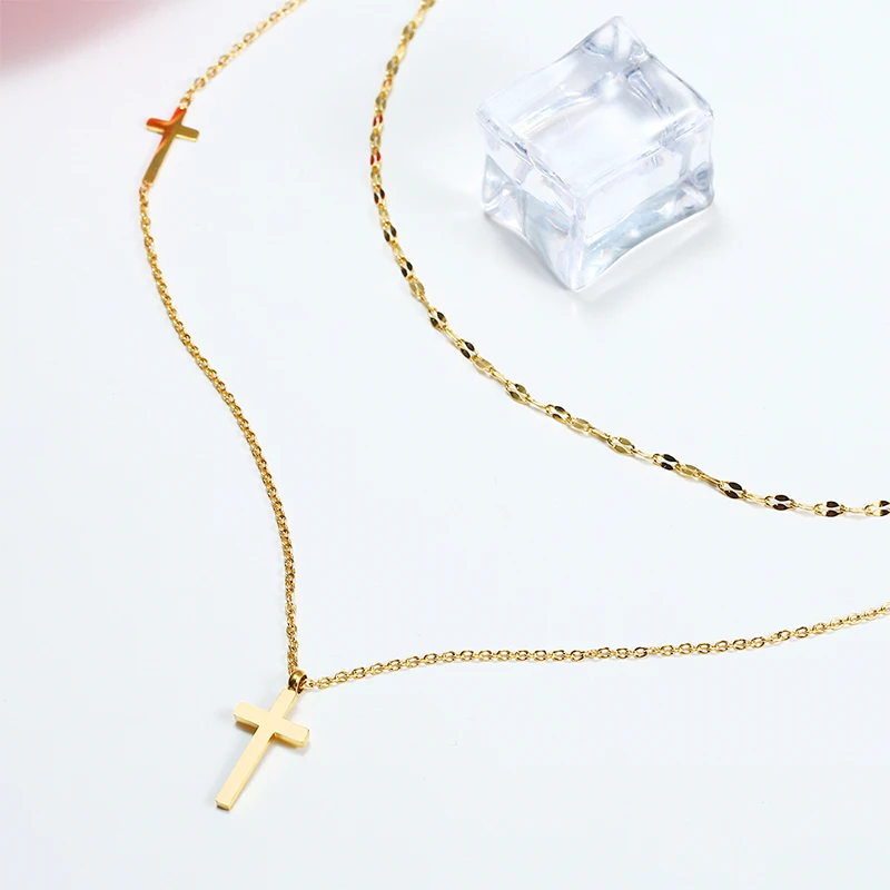 316L Stainless Steel Cross Double Layer Necklace Female Chocker Simple Double Layer Cross Necklace For Women No fade