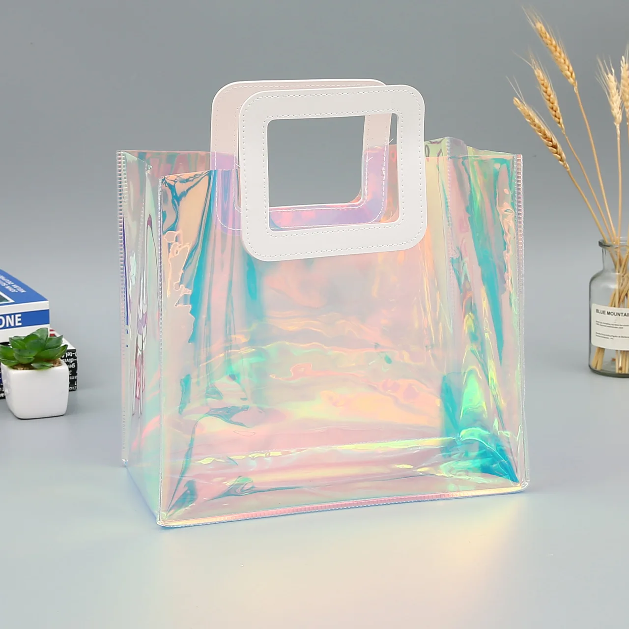 Custom Logo Stylish Iridescent PVC Tote Bag Laser Jelly Grocery Bag Transparent Holographic Shopping Bag