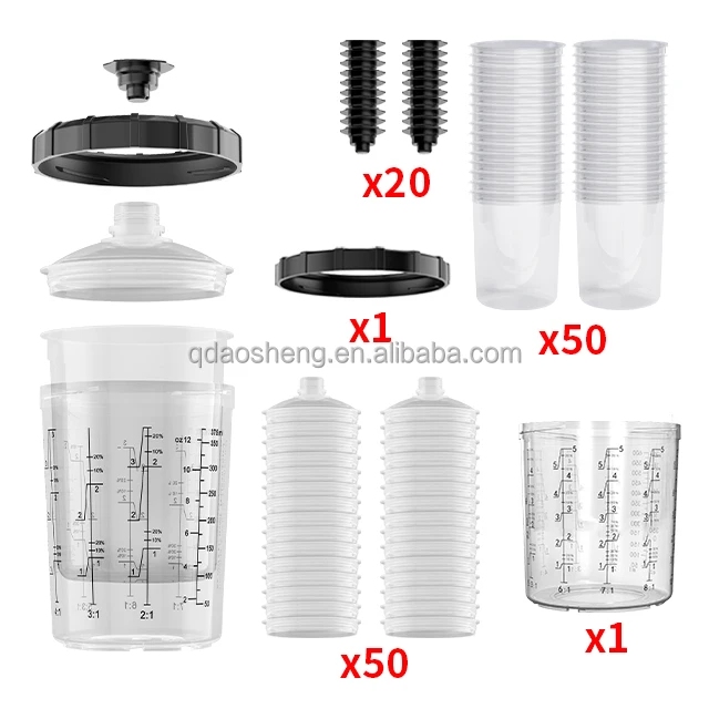 50 Pack Disposable Air Spray Gun Kit 20 Ounce (650ml) Standard Size with Cup Liners and Lid System