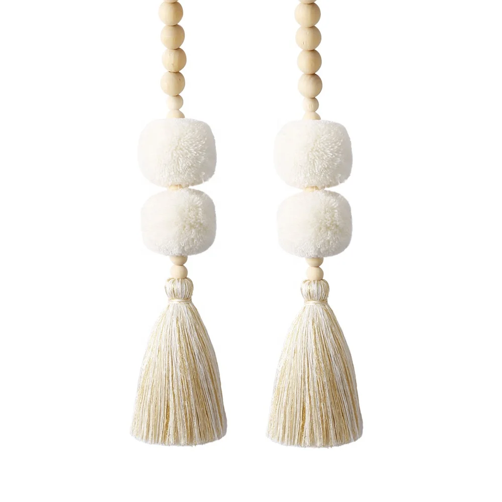 Bohemian Macrame Pom Poms Tassel Curtain Ornaments INS Nordic Style Rope Wooden Beads Home  Decoration Wall Hanging