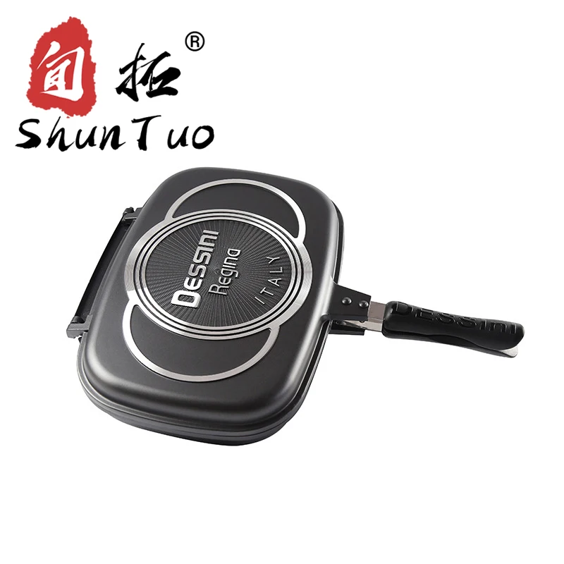 
coating pizza red enamel nonstick metal korea baking square fry bbq non stick double face aluminuim two sided grill pan 
