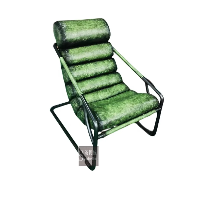 loft industrial forged metal antique green genuine leather arm chair hotel living room reclining chair single seat sofa