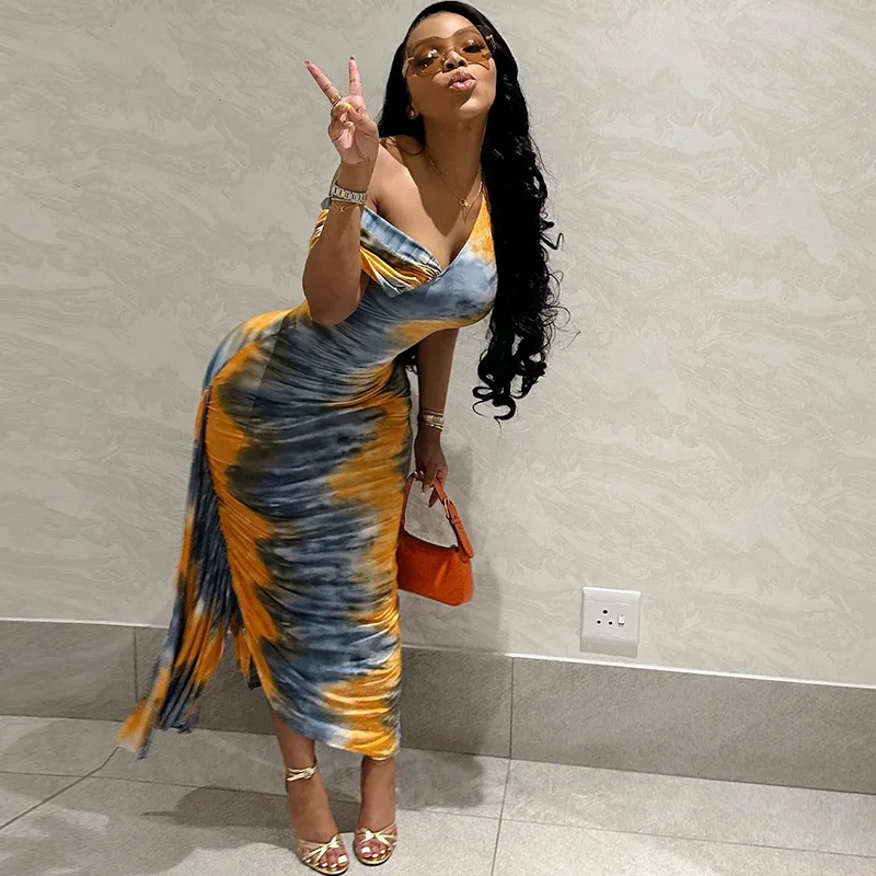 C230205 Painting Printed Midi Dress Irregular Sleeve Ruched Trim Ribbon Casual Dresses