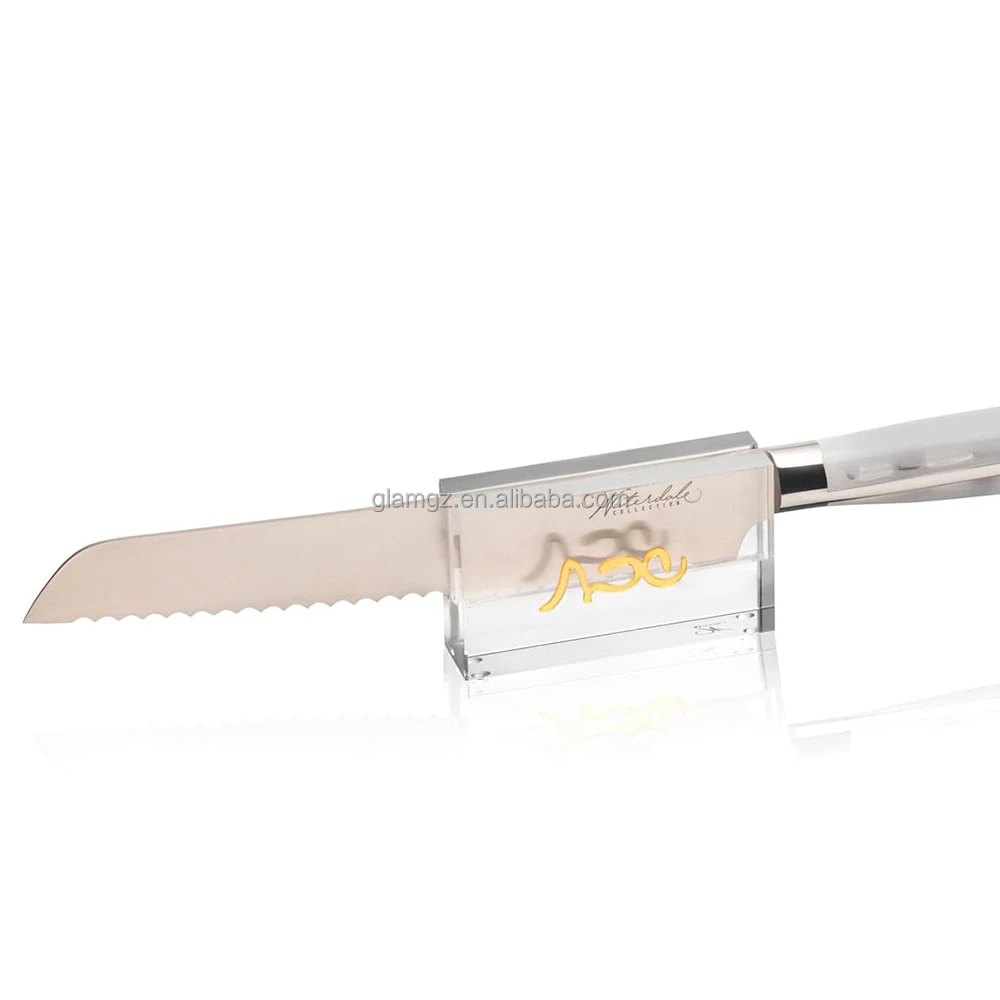 Judaica Jewish gold silver logo printing Lucite Display Holder Challah Acrylic Knife Stand