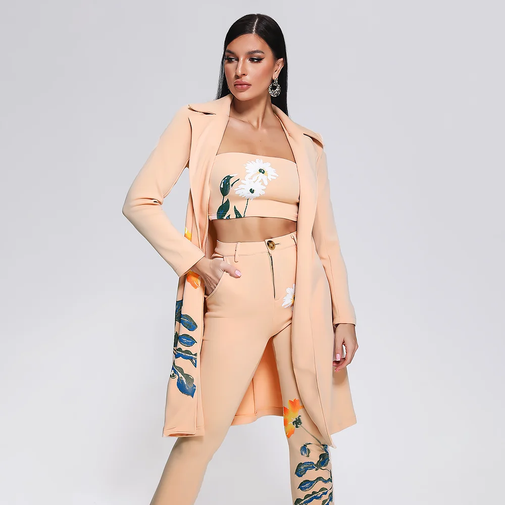 BEISHI Fashion Long Sleeve And Pants Flower Floral Print Three Piece Set Womens Suits And Blazer Ladies Suits Office Wear