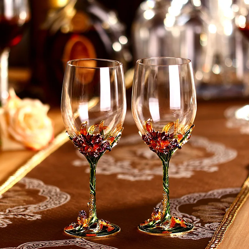 Enamel Colored Peacock Green Wine Glass European Retro High-End Red Wine Glass Set Home Large Crystal Glass