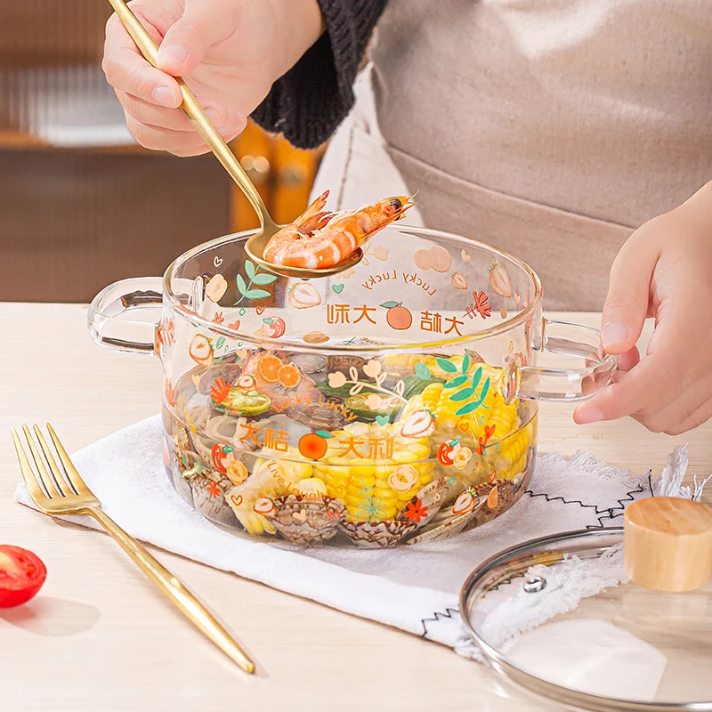 Kitchen cookware cartoon clear glass cooking pot saucepan stew pot with lid and handle