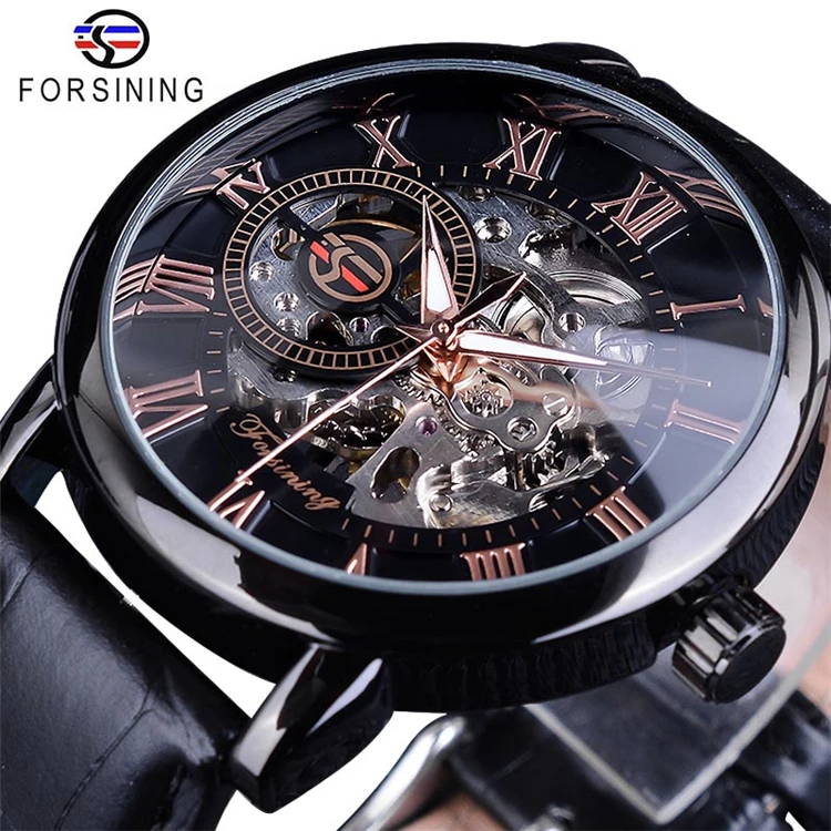 Forsining GMT838 3d Logo Design Hollow Engraving Gold Case Leather Skeleton Mechanical Watches Men Luxury Brand Heren Horloge
