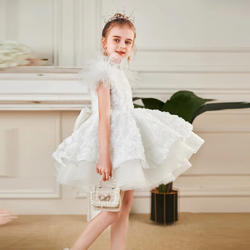 2024 Newest Princess White Ball Gown Stereoscopic Rose Fairy Girls Host Piano Performance Birthday Party Elegant Puffy Dresses