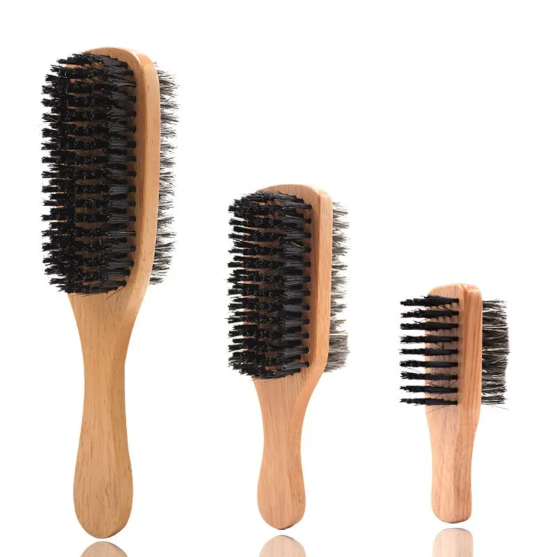 Portable Custom Logo Pig Nylon Double Side Bristle Oil Head Hair Brush Cleaning Care Wood Men Beard Brush With Long Handle