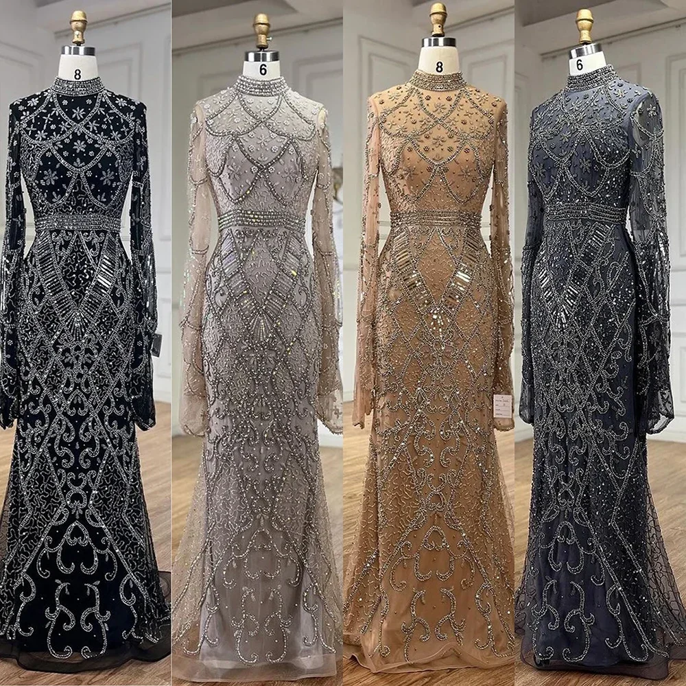 Serene Hill Muslim Grey Mermaid  Nude Cape Sleeve Beaded   Long Evening Dress 2024  Party LA72316 Customized