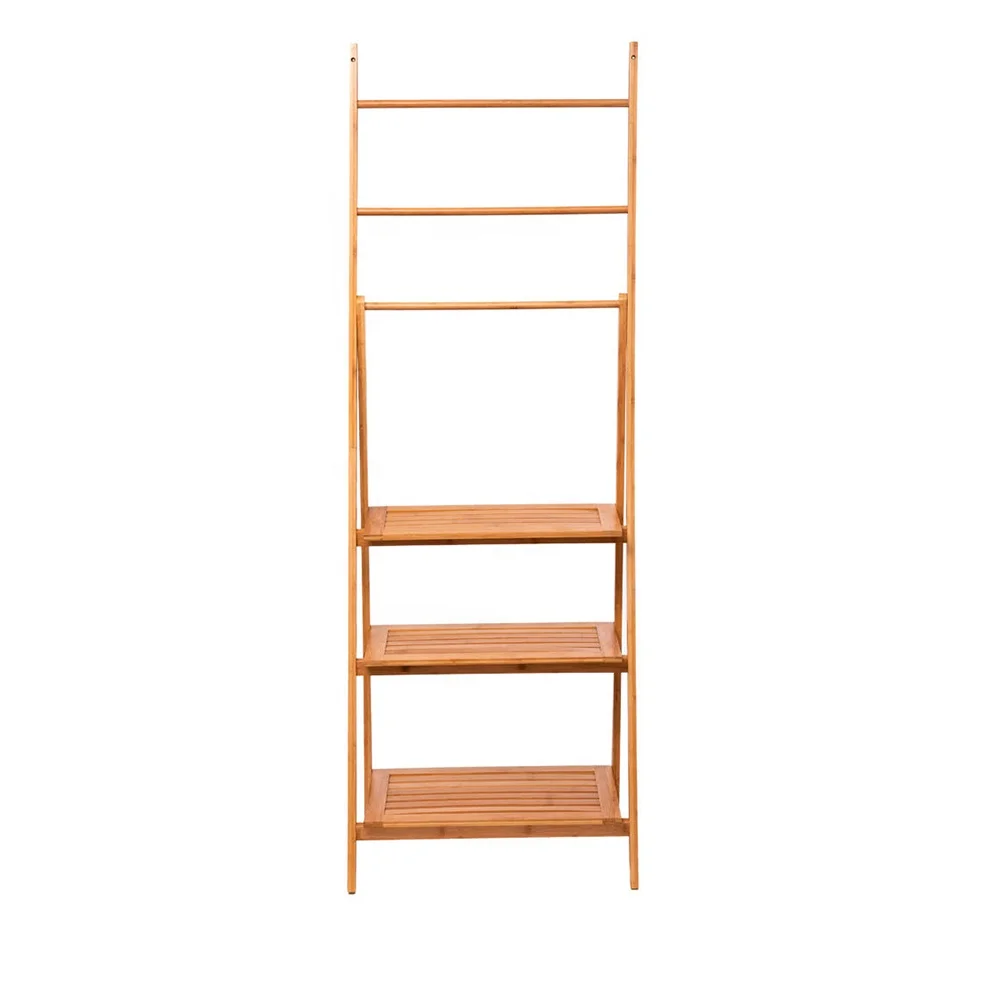 Modern Bamboo Ladder Shelf Small Clothes and Towel Rack with 3 Shelves 3 Rails 4 Side Hooks for Bathroom Use