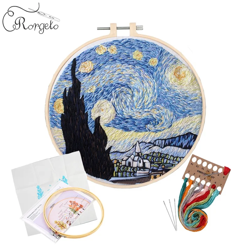 Hot Selling  Cartoon DIY Craft Needlework Cross Stitched Embroidery Kit With Wooden Hoop And Instructions