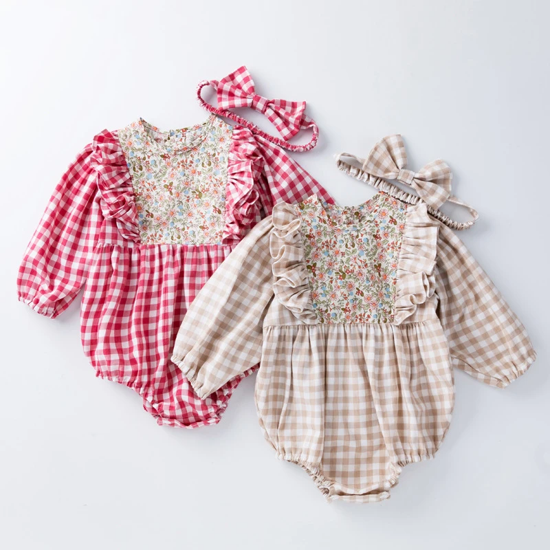 Wholesale Baby Girls Clothes plaid Princess tutu dress rompers and hair band 2 piece baby clothing