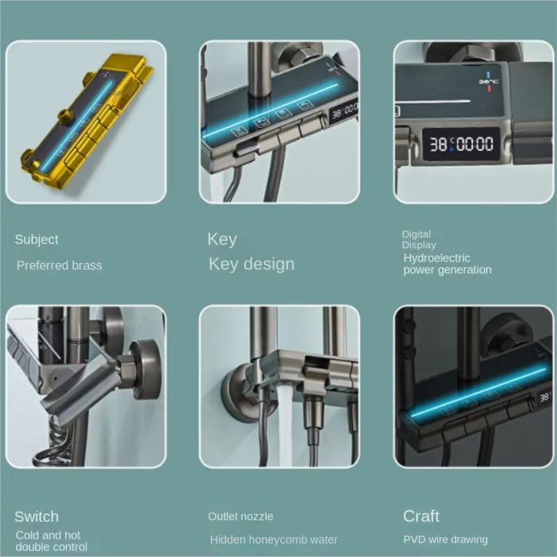 Luxury Mood Light Digital Display Shower Set Four Levels Piano Keys Waterfall Shower System Bathroom Wall Mounted Shower Set