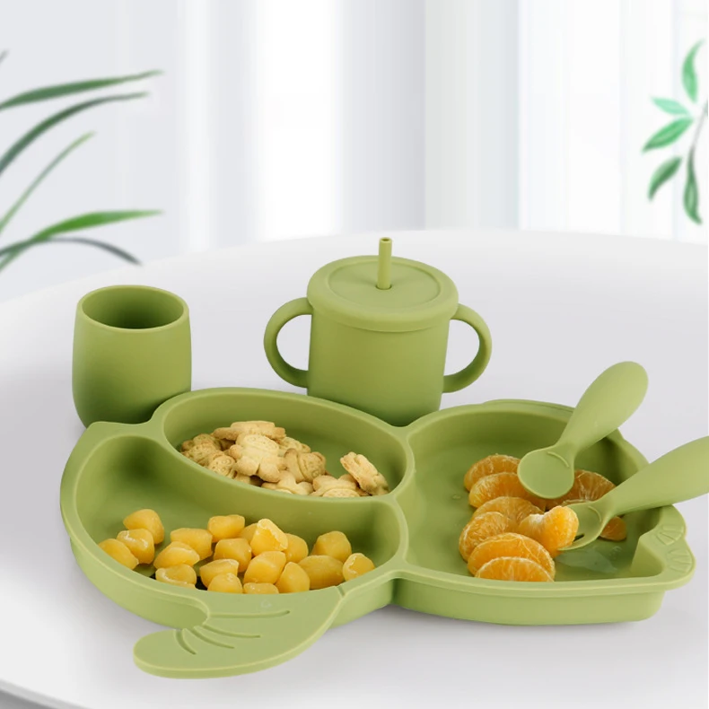Soft Silicone Baby Suction Plate Bowl Bib Drinking Mug Cup Spoon And Fork Set Kids Feeding Tablewares
